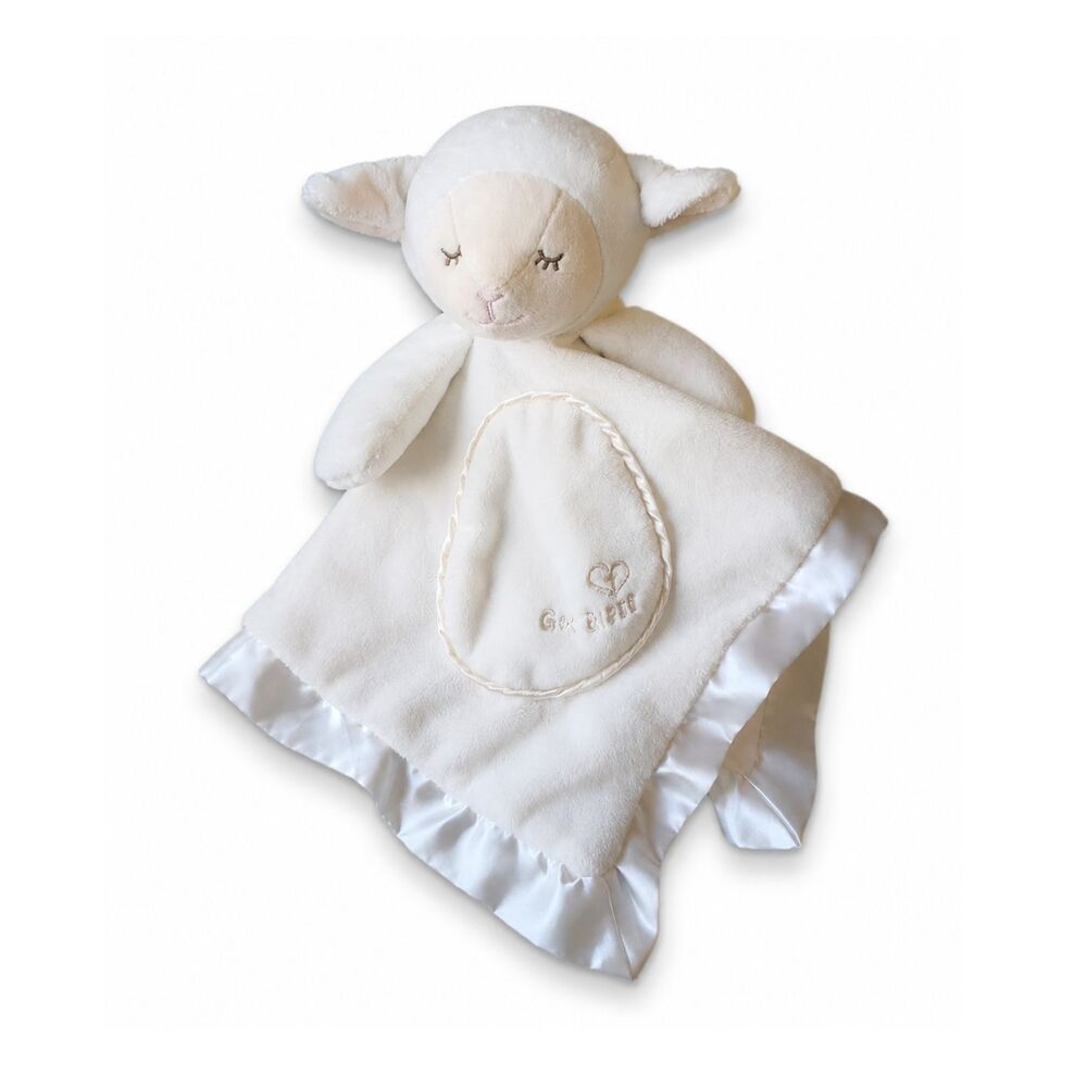 Douglas Plush Lamb Lovey Security Blanket "God Bless" Satin Trim White